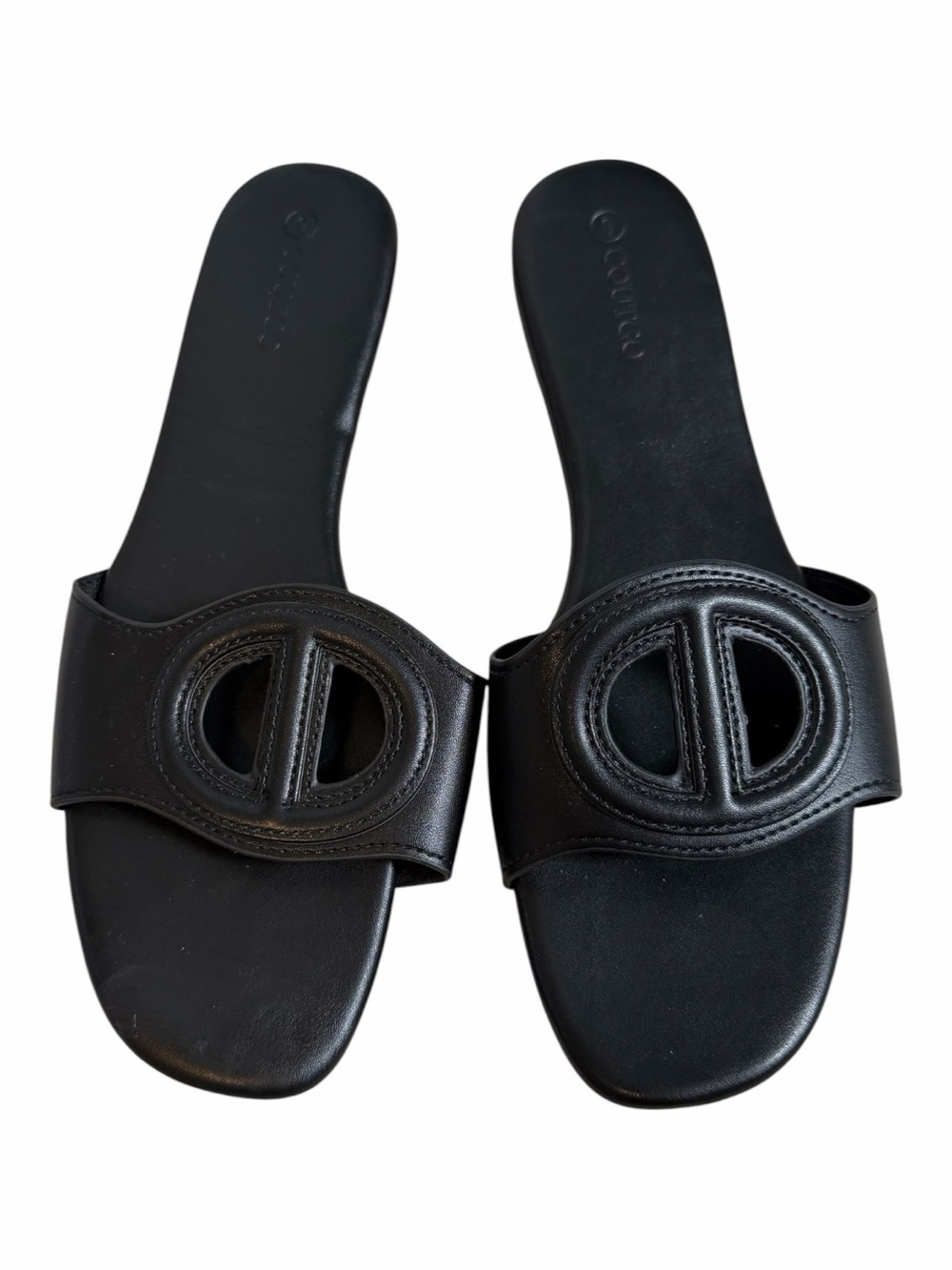 Black Leather Slide Sandals with Circular Cutout - Women's Slip-Ons